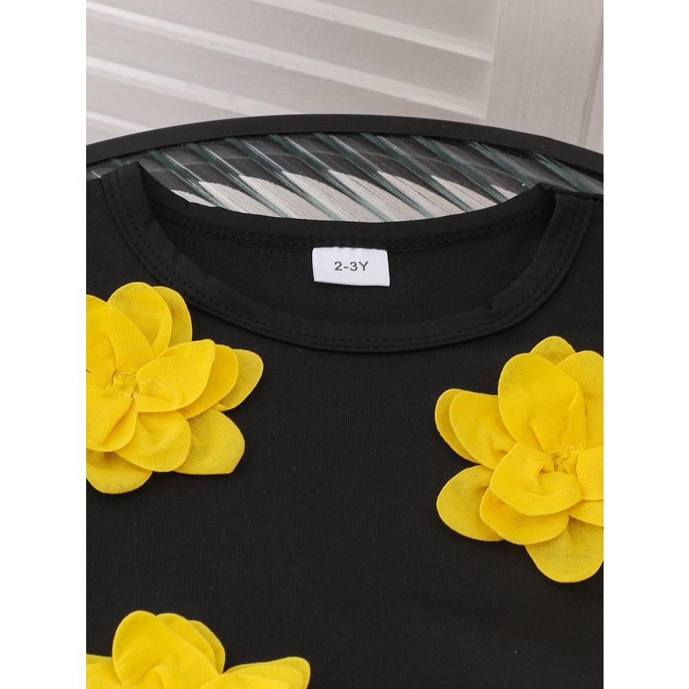 Children's Clothing 2-7Y Girls Skirt Suit Pink Flower Black T-shirt + Pink Pleated Skirt Set Cute Skirt Cotton Short Sleeve