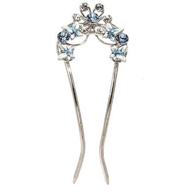 Miaomyao Hairpin Hair Ornament Japanese Kimono Drumstick Shape Silver Cubic Zirconia Butterfly Flower Comb Hair Accessory Blue [Miaomyao] U-shaped
