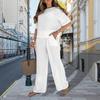 Women's Cotton Linen Two-Piece Outfit Short Sleeve Crew Neck Top And Wide Leg Pants Set Floral Embroidery Casual Lounge Tracksuit