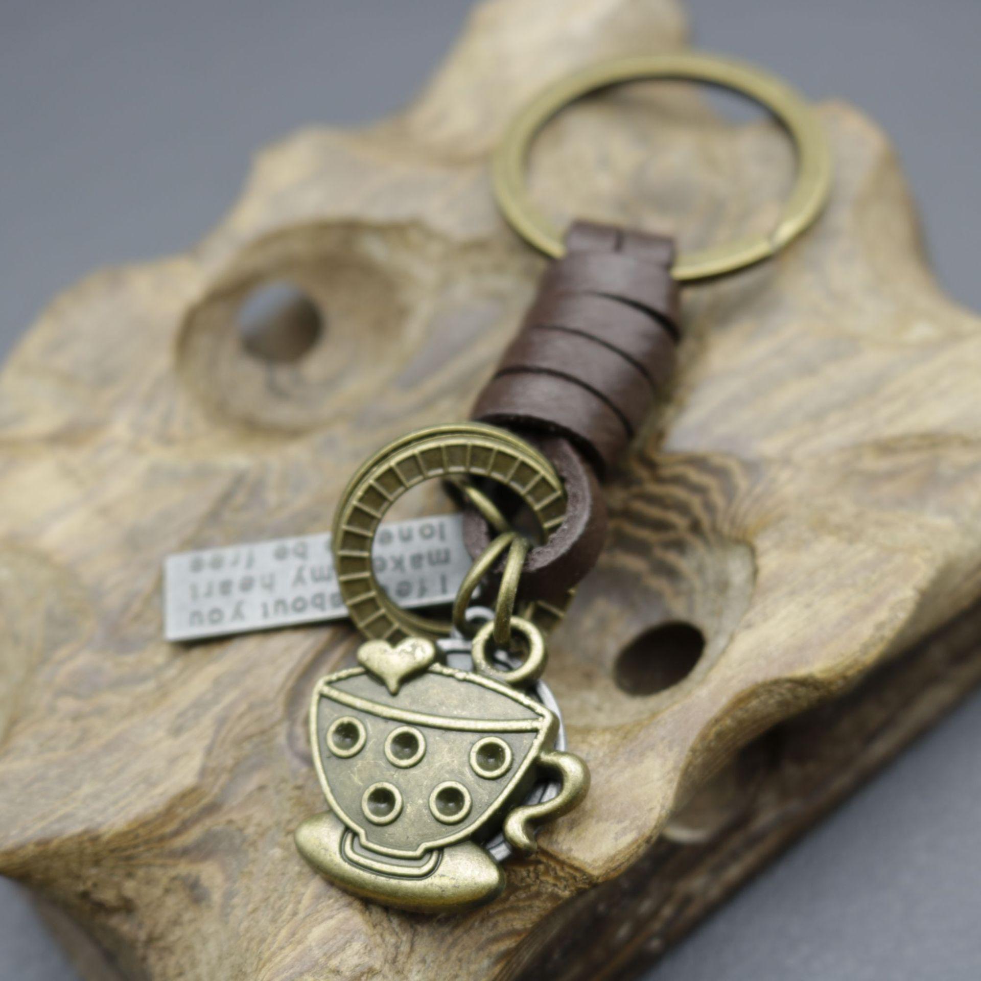 Men s Antique Bronze Teacup Woven Cowhide Keyring