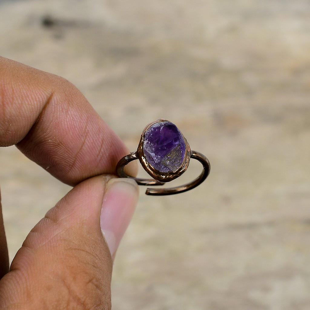 African Amethyst Rough Ring Electroformed Copper Ring Gemstone Jewelry Adjustable Rings Handmade Ring Electroformed Copper Jewelry For Gift