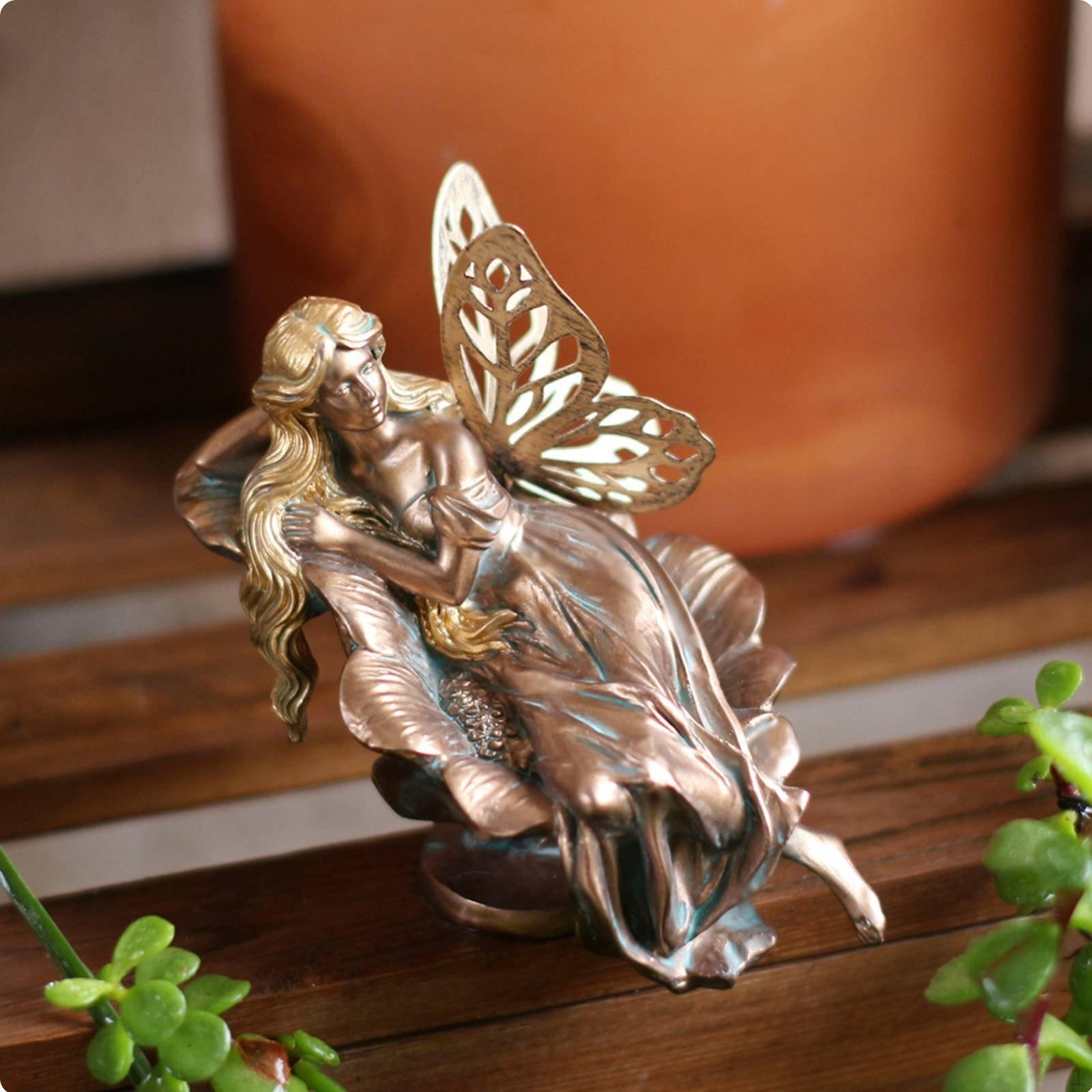 Bronze Finish Fairy Figurine Detailed Craftsmanship Sleeping Statue Weather Resistant Lawn