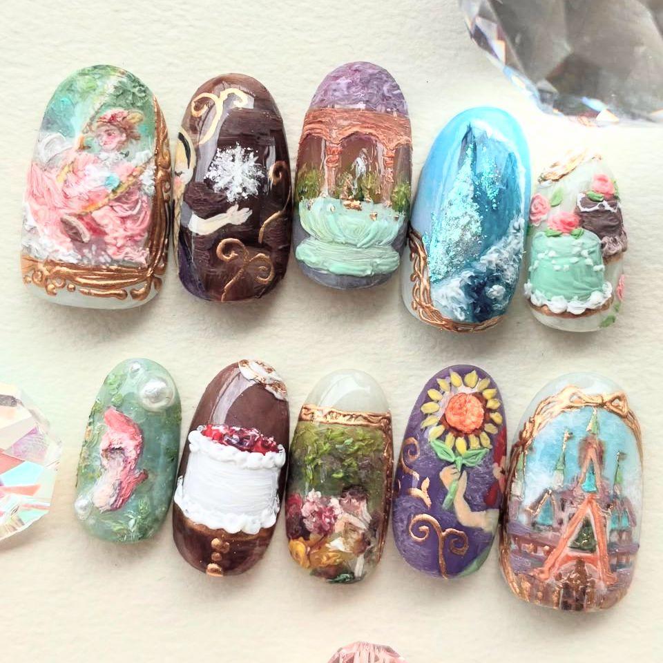 24PCS Retro Oil Paintings Patterns Almond False Nails with Glue Cute Sweet Garden Girl Stick On Nails Detachable Fake Nails Tips