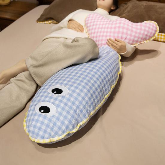 Stuffed Long Fish Pillow Cute Plaid Fish Cuddly Plush Toy Leg Pillow Back Support Headboard Cushion for Side Sleeping Sitting