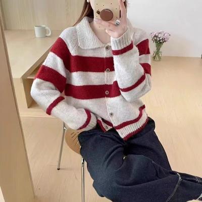 Vintage kontrastfarbener gestreifter Rollkragenpullover Cardigan Damen Frühjahr Neu Locker Plüsch Langarmjacke