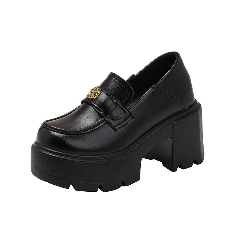 Innere Höhenerhöhung 12cm kleine dicksohlige Damen Britische hochhackige dickhackige schwarze Kamelie kleine Lederschuhe