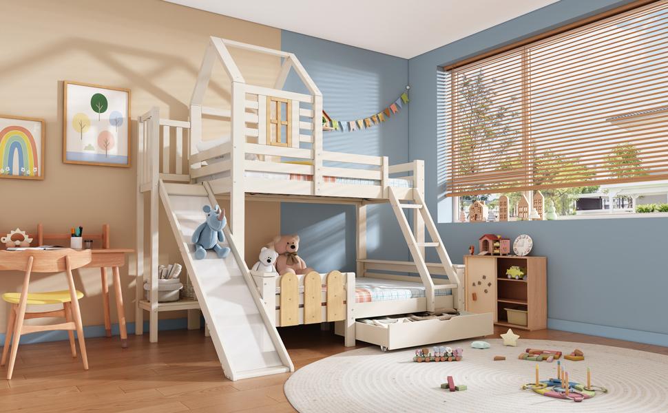 Bunk Bed 90x200 & 140x200 Cm, House Bed with Drawer, Slide and Ladder, Children's Loft Bed, Log Cabin Design, EN747-1:2024 Safety (Without Mattress)