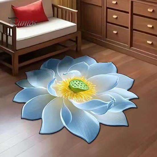Child Safe Floor Mat 3D Lotus Realistic Flower Living Room Rug Shape Anti-Slip Area for Kitchen Bedroom Bathroom Playroom
