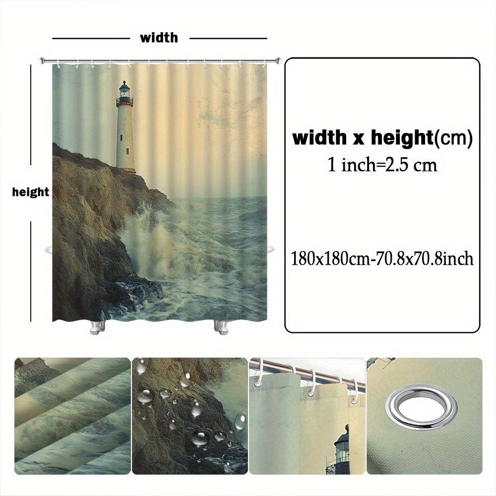 1pc Vintage Lighthouse Shower Curtain - Solitary White Lighthouse, Rocky Coastline, Grey Ocean Waves, Nautical Coastal Design