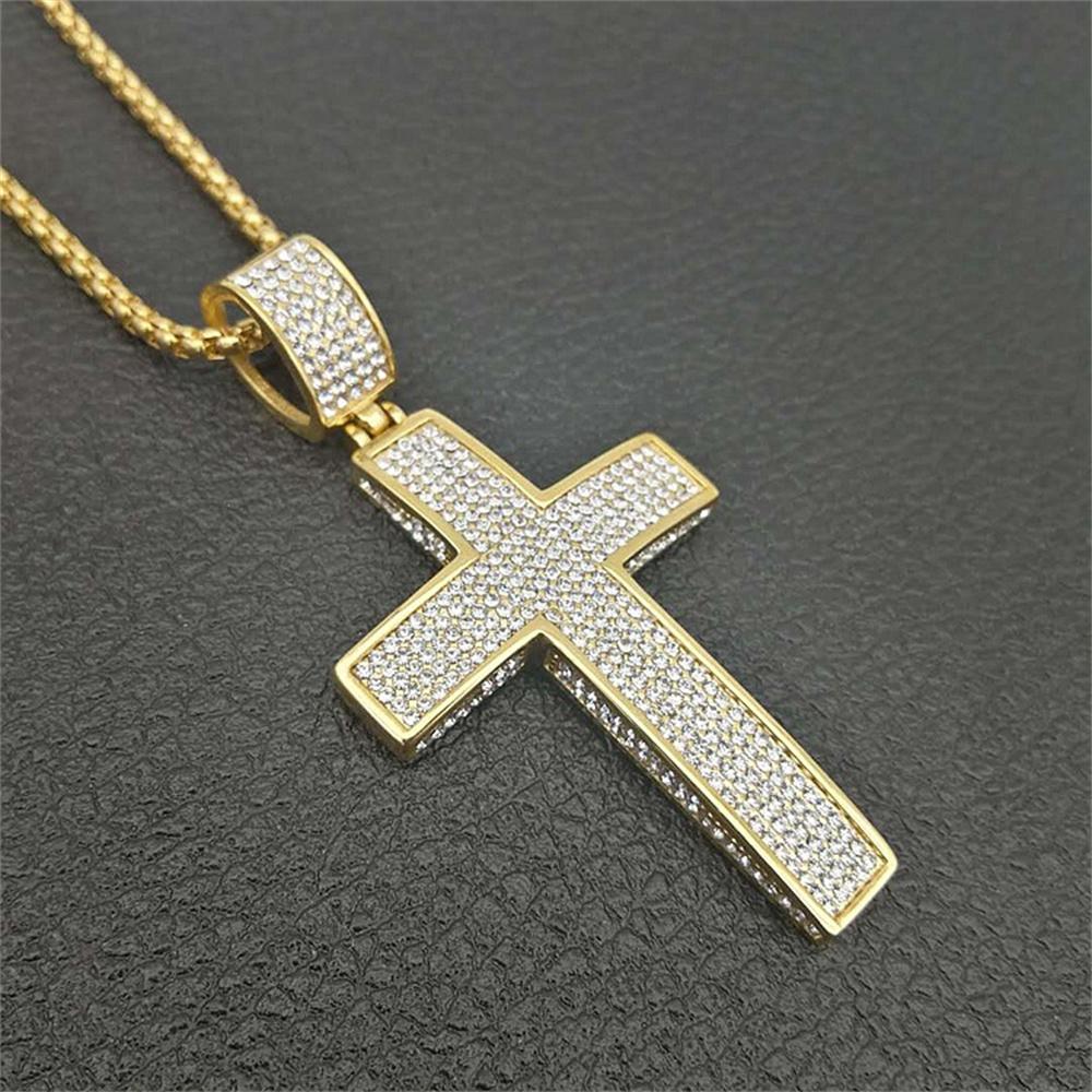 Stainless Steel Big Jesus Cross Pendant Male Gold Silver Color Iced Out Bling Christian Necklace for Men Religious Jewelry Gift