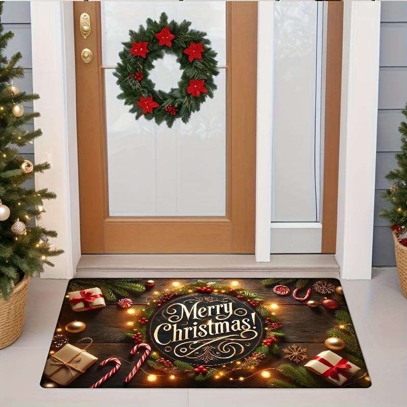 "Merry Christmas" Ball Candy Cane Light Doormat, Festive Non-Slip Hand Wash Rug for Home Entrance Holiday Decor