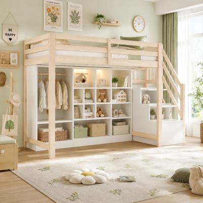 Loft Bed 90 X 200 Cm, With Storage Cabinets With Multiple Compartments and a Simple Wardrobe, With LED Lighting, Integrated Side Ladder, Wood Color