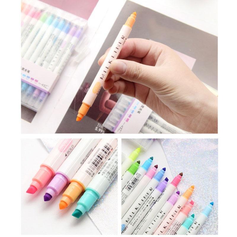 12Pcs/set 12Colors Cute Double Head Fluorescent Pen Highlighters Color Marker Pen School Supplies