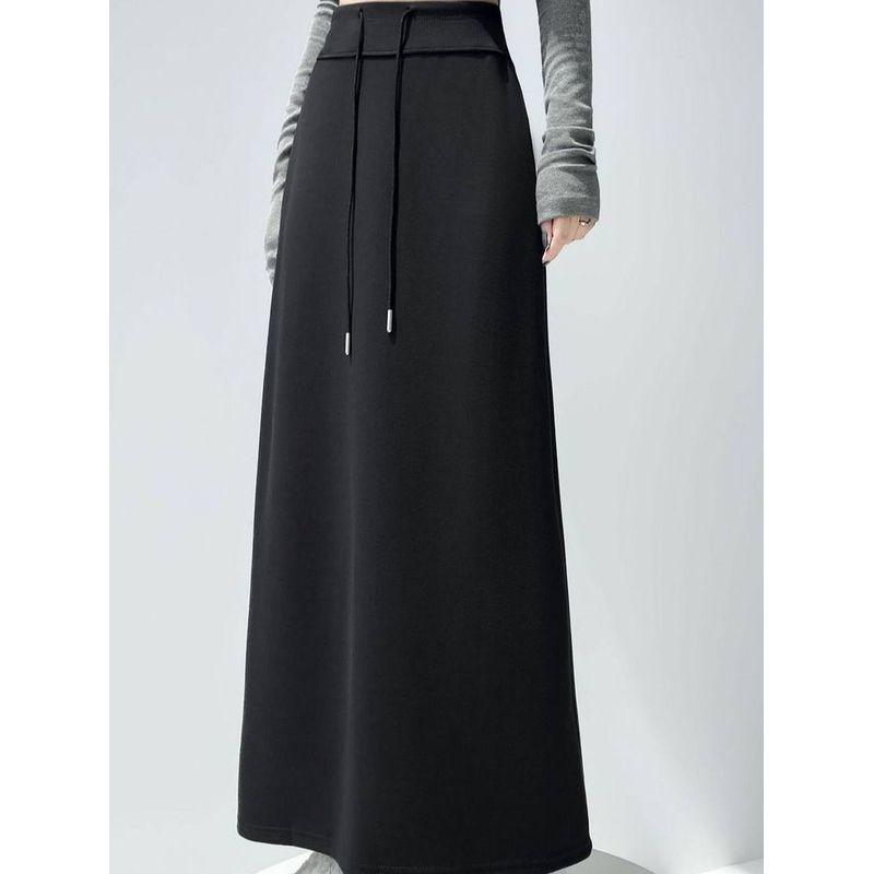 Gray Sports Skirt New Style High-Waisted Straight-Cut Slit Elastic Slimming Drape Drawstring Casual Long Skirt