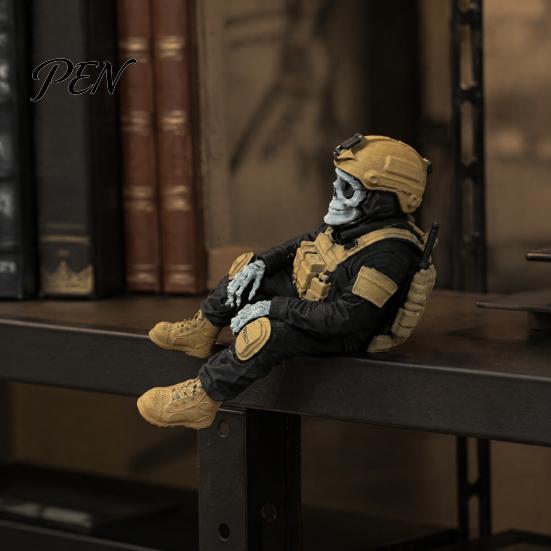 PLA Resin Soldier Model Skeleton Hero Shelf Sitter Ornament, 3D Printed Figurine, Tactical Gear Display Stand Gothic Warrior Sitting Statue