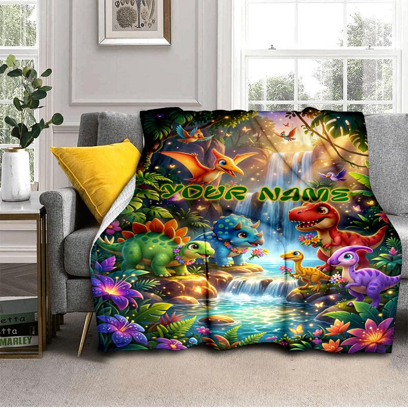 1PC Custom Name Dinosaur Adventure Fantasy Forest blanket versatile,all-season throw suitable for the living room,bedroom,camping,travel,and gift