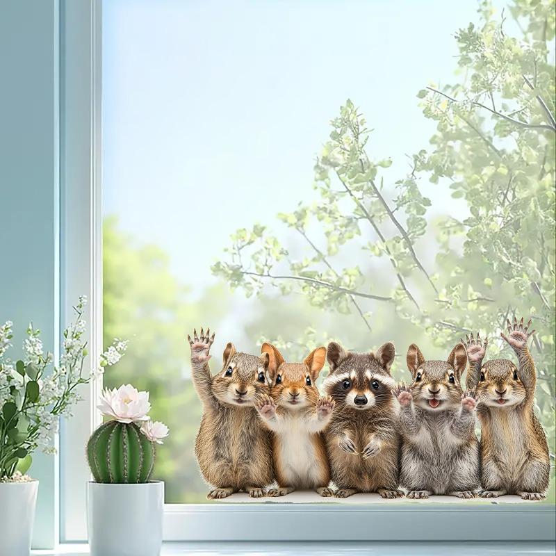 Niedliche Waldtiere Fensteraufkleber - Eichhörnchen & Waschbär Winken Glasmalerei Aufkleber für Zuhause, Wohnzimmer, Schlafzimmer - Verspielte Dekoration