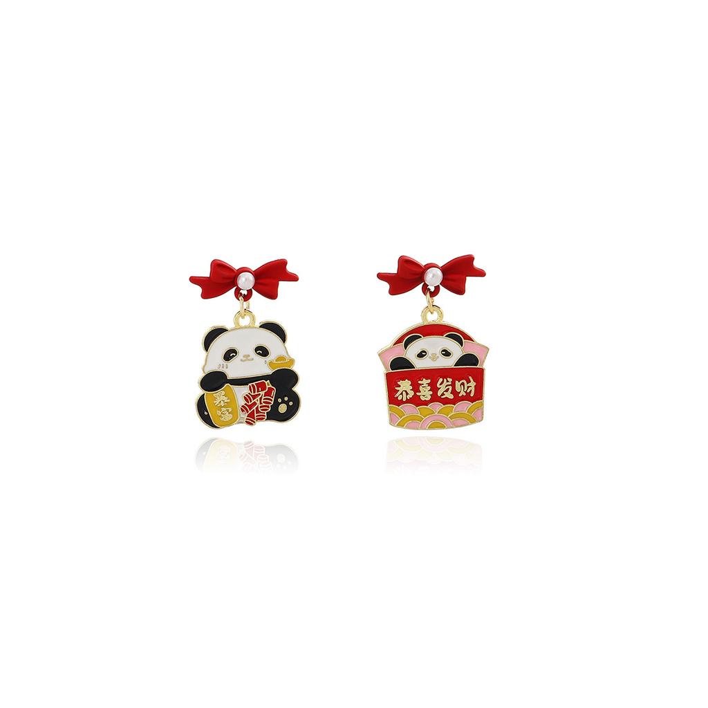 New Year'S Chinese Knot Lantern Cute Panda Earrings, Chinese Style Gong Xi Fa Cai Lucky Bag Pearl Earrings Women