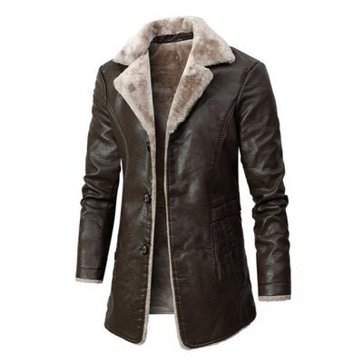 2024 Pánska zimná dlhá hrubá fleecová PU kožená bunda Nový zimný módny golier Pánska vetrovka Kožená bunda Kabáty