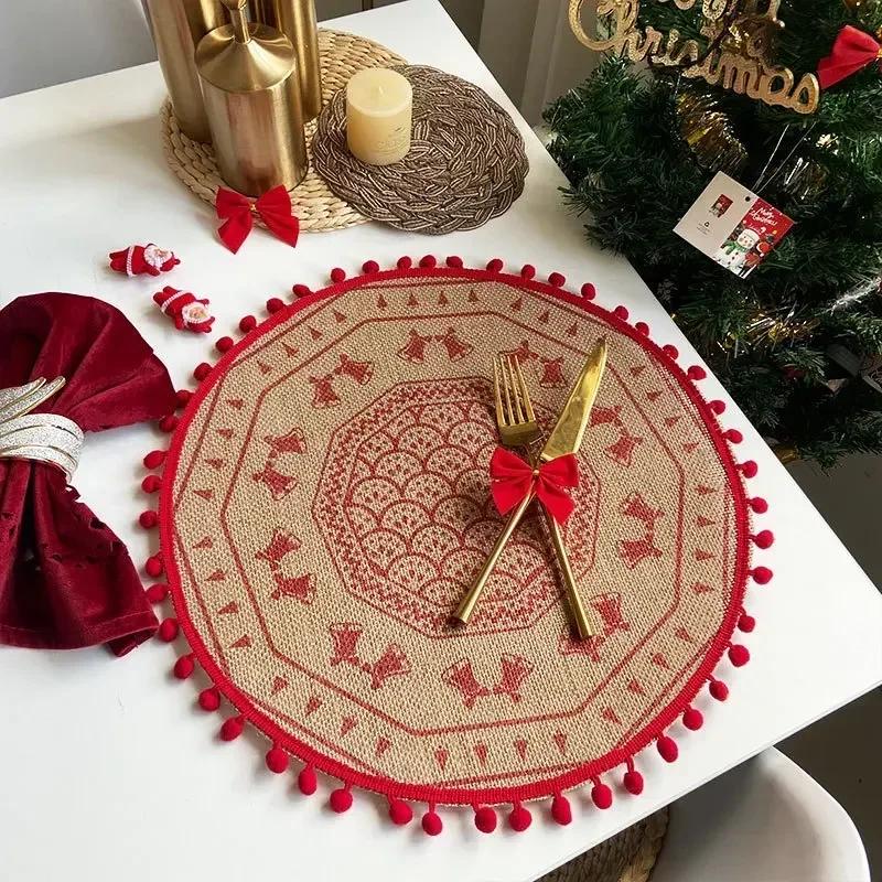 Jute Table Mats Christmas Woven Placemat Ins Printed Hairball Thermal Insulation Mat Retro Cotton and Linen Decorative Mat