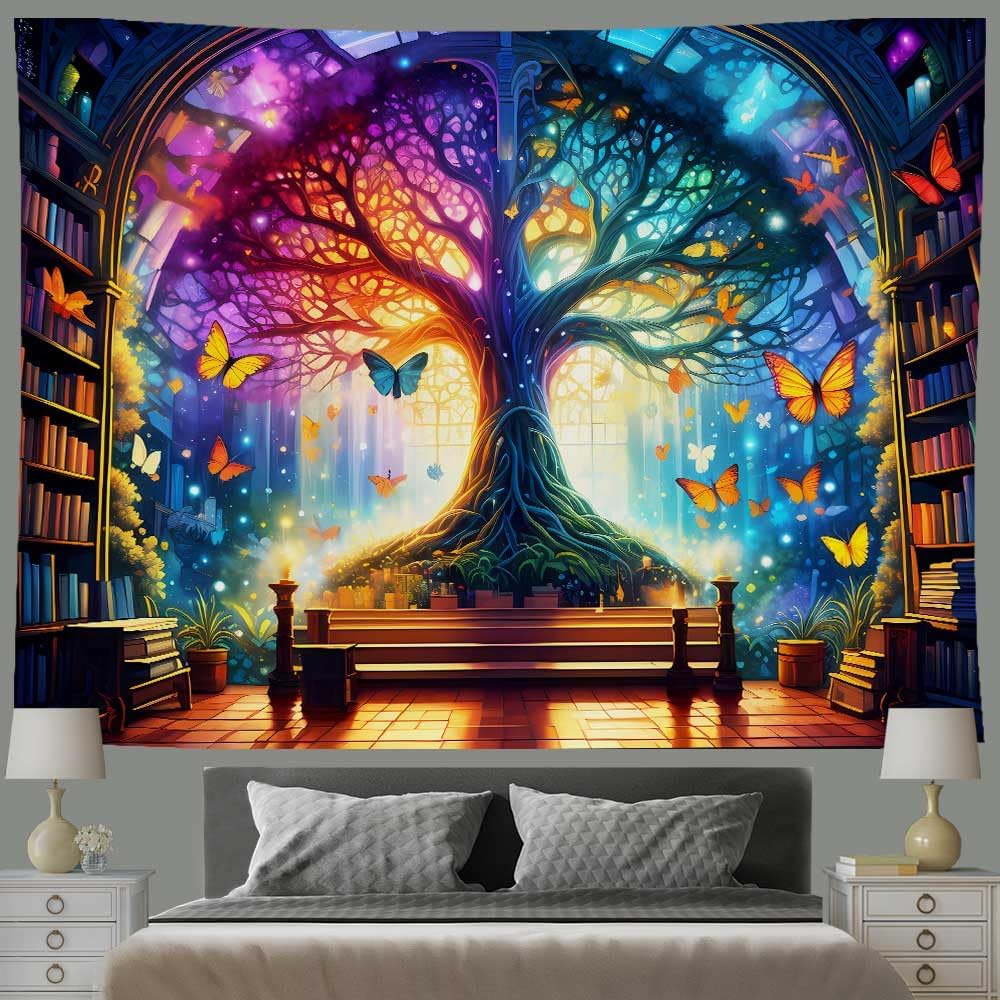 Fantasy Library Tapestry Mysterious Tree Magic Bookshelf Tapestries Classroom Flannel Witchy Fairytale Tree Butterfly Vintage