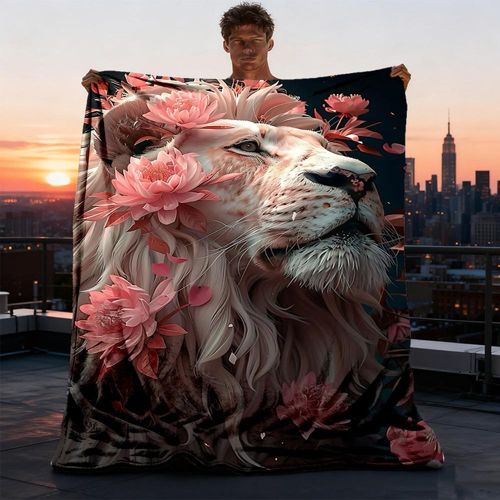 1pc Lion Floral Print Outdoor Soft Polyester Flannel Throw Blanket Versatile for All Seasons , Soft , Cozy , Warm All Season Quilted Throw ,