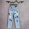 9910 CHROME HEARTS Men's and Women's American Style Trendy Jeans with Fabric Patches, Holes, Embroidery, Casual and Fashionable High Street Pants