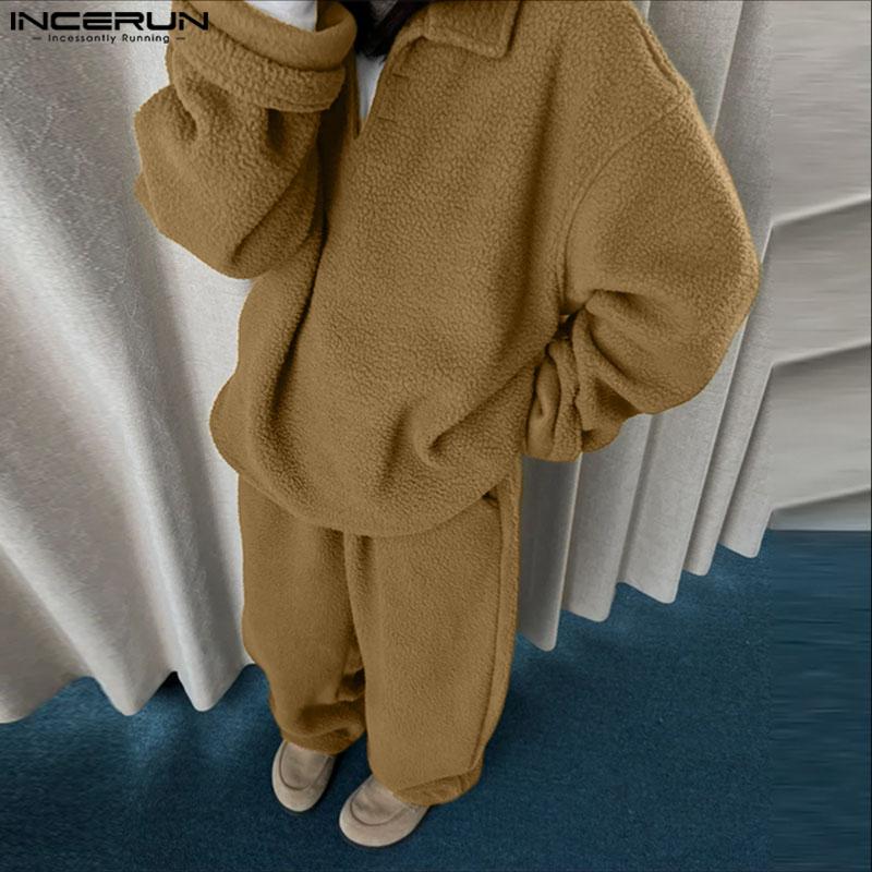 INCERUN Two Pieces Sets Winter Autumn Men Long Sleeve Furry Pullovers Long Pants Casual Outfits