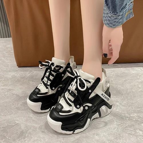 

мода Модные массивные кроссовки женские осенние спортивные туфли на платформе со шнуровкой женские туфли на толстом каблуке 10 см женские кожаные кроссовки 37 чёрный