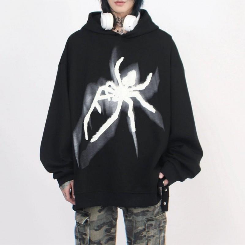Felpa con Cappuccio Stampa Ragno Donna Streetwear Vestibilità Larga con Dettaglio Bottone Fondo Spaccato Stile Hip Hop