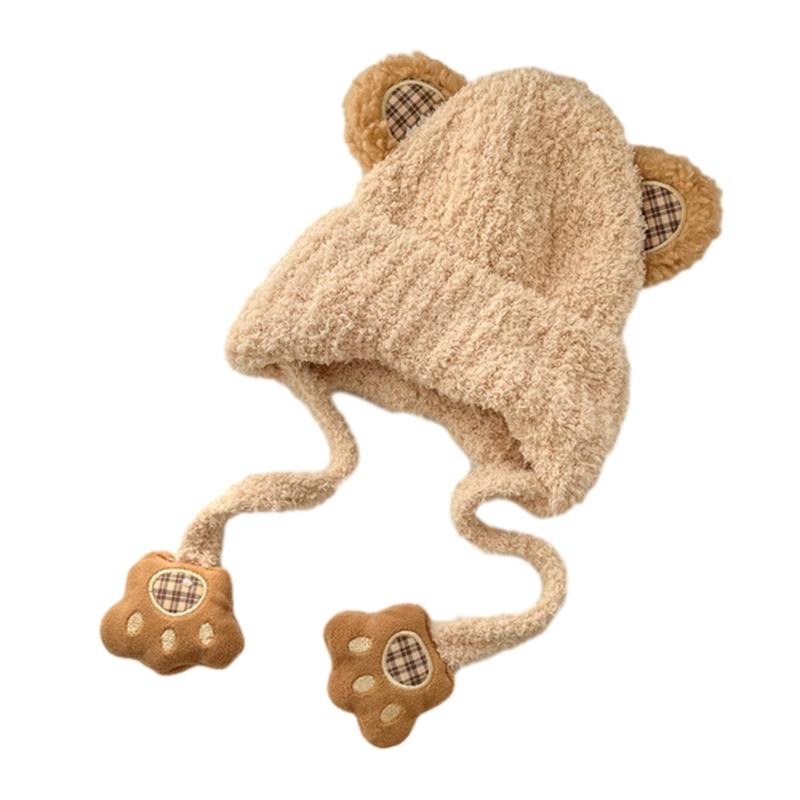 Autumn Winter Warm Hat with Earflap and Chin Strap Ties Cute Cartoon Beanie Cap Soft Bonnet Warm Headwear for Kids