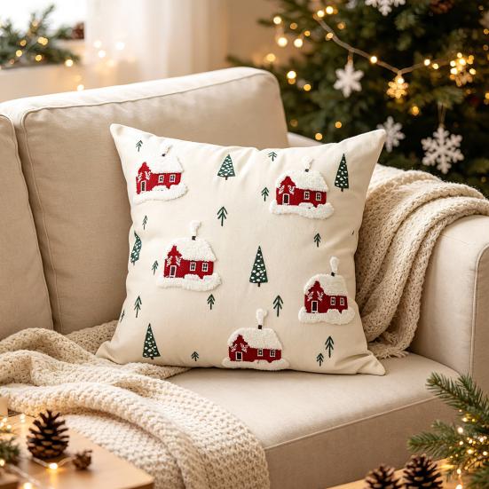 Holiday Gift for Home Decor Christmas Cottage Cushion Cover, Red Snowy House Pillowcase, Decorative Nordic Style Pattern Throw Pillow Case Sofa