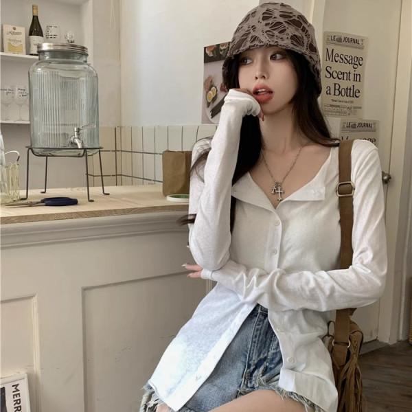 Women's V Neck Long Sleeve Button Down Shirt Slim Fit Korean Style Solid Color Sun Protection Cardigan Casual Top