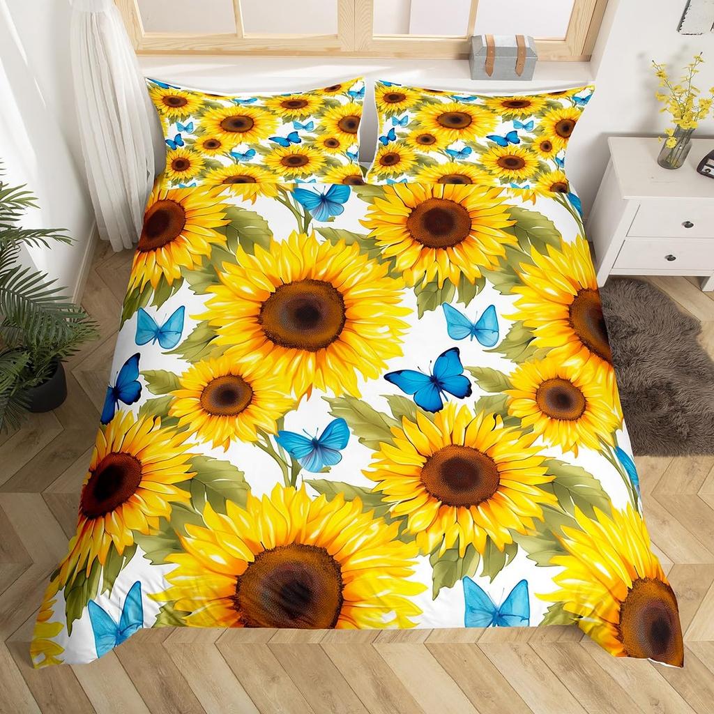 Sunflower Duvet Cover Twin King, Spring Garden Flowers Comforter Cover, Yellow Floral Botanical Bedding Set for Teen Women Room