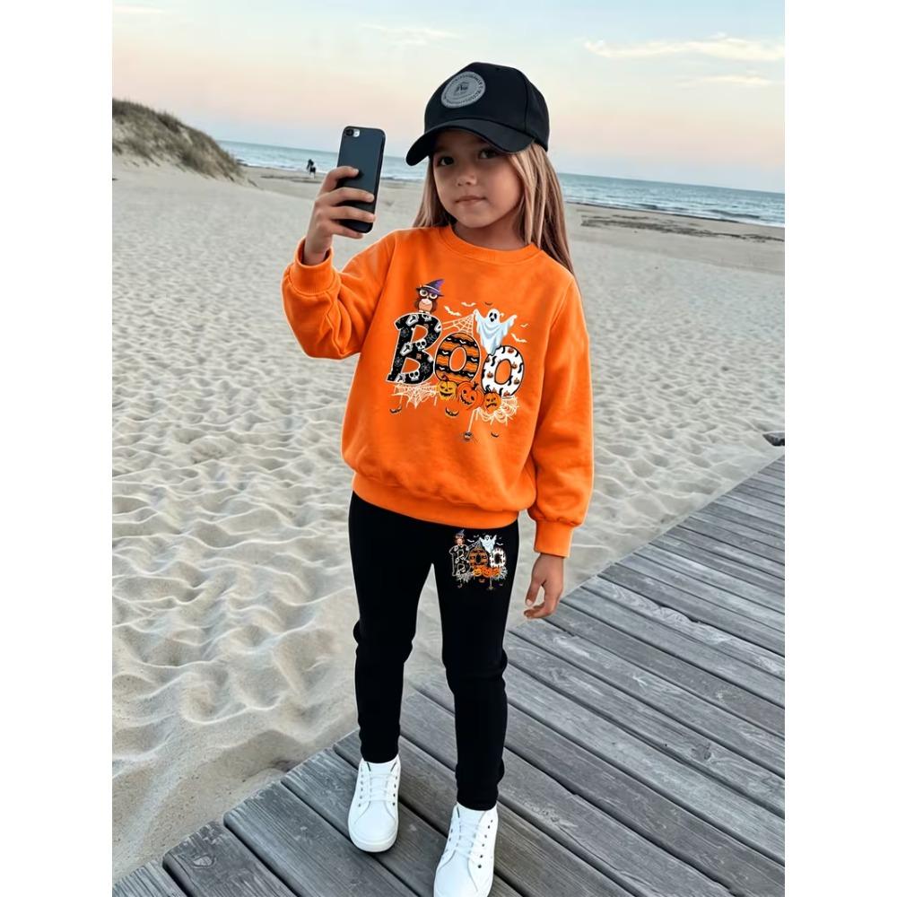Girls' Halloween Boo Casual Comfortable Soft Loose Pullover Sweatshirt and Leggings 2-Piece Set, New Autumn/Winter, Playful, Sweet and Cool Style