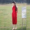 Red Cheongsam Dress With Halter Neckline Modernized Chinese Style Vintage Wedding Guest Gown Women