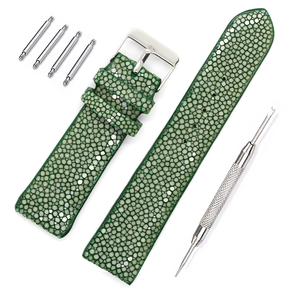 

Stingray Leather Watch Band Belt Green 18mm Spring Bars Spring Bar Remover Included [Revetta] [089-12stb18] зелёный
