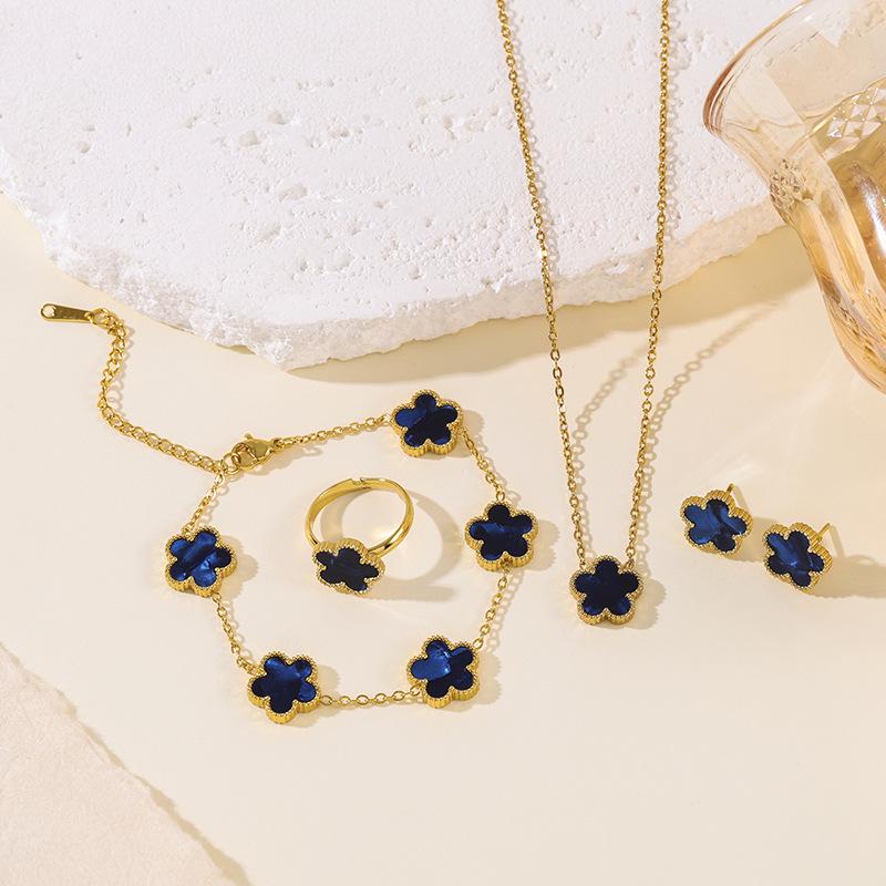 European High-End Titanium Steel Lucky Five-Leaf Flower Mother-of-Pearl Jewelry Set