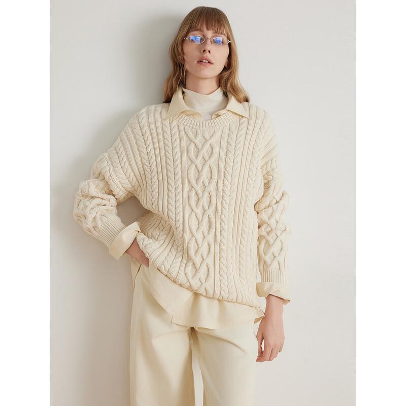 ELLE Women's Cable Knit Round Neck Sweater