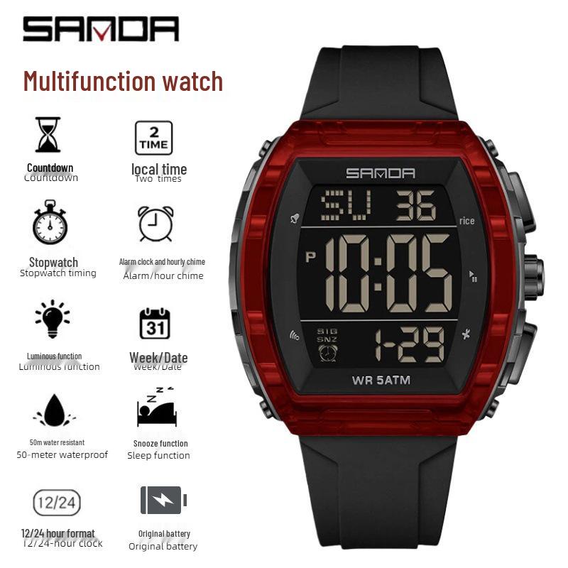 SANDA Men's Multifunctional Dual Time Waterproof Sport Watch - Fashion Tonneau Shape with Snooze Feature
