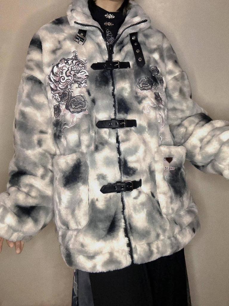 Dark Style Sheyin Faux Rabbit Fur Coat - Quirky Embroidered Stand-Up Collar for Autumn/Winter