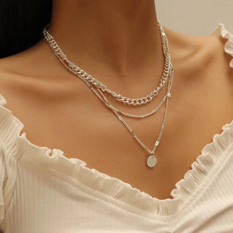 Versatile Multi-layer Chain Necklace with Round Disc Pendant for Women
