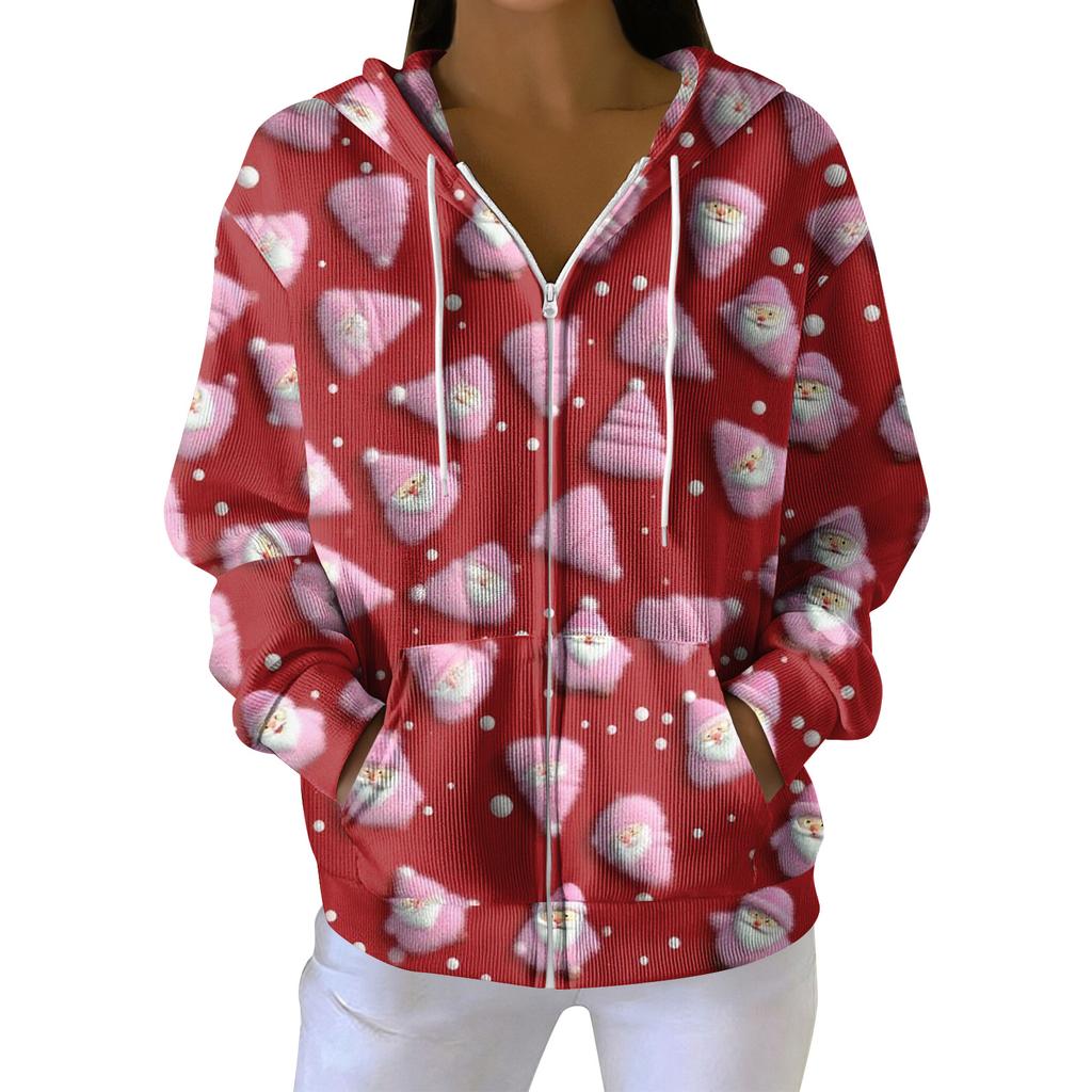 Women's Casual Fashion Long-Sleeved Zip-Up Christmas Print Knitted Hoodie