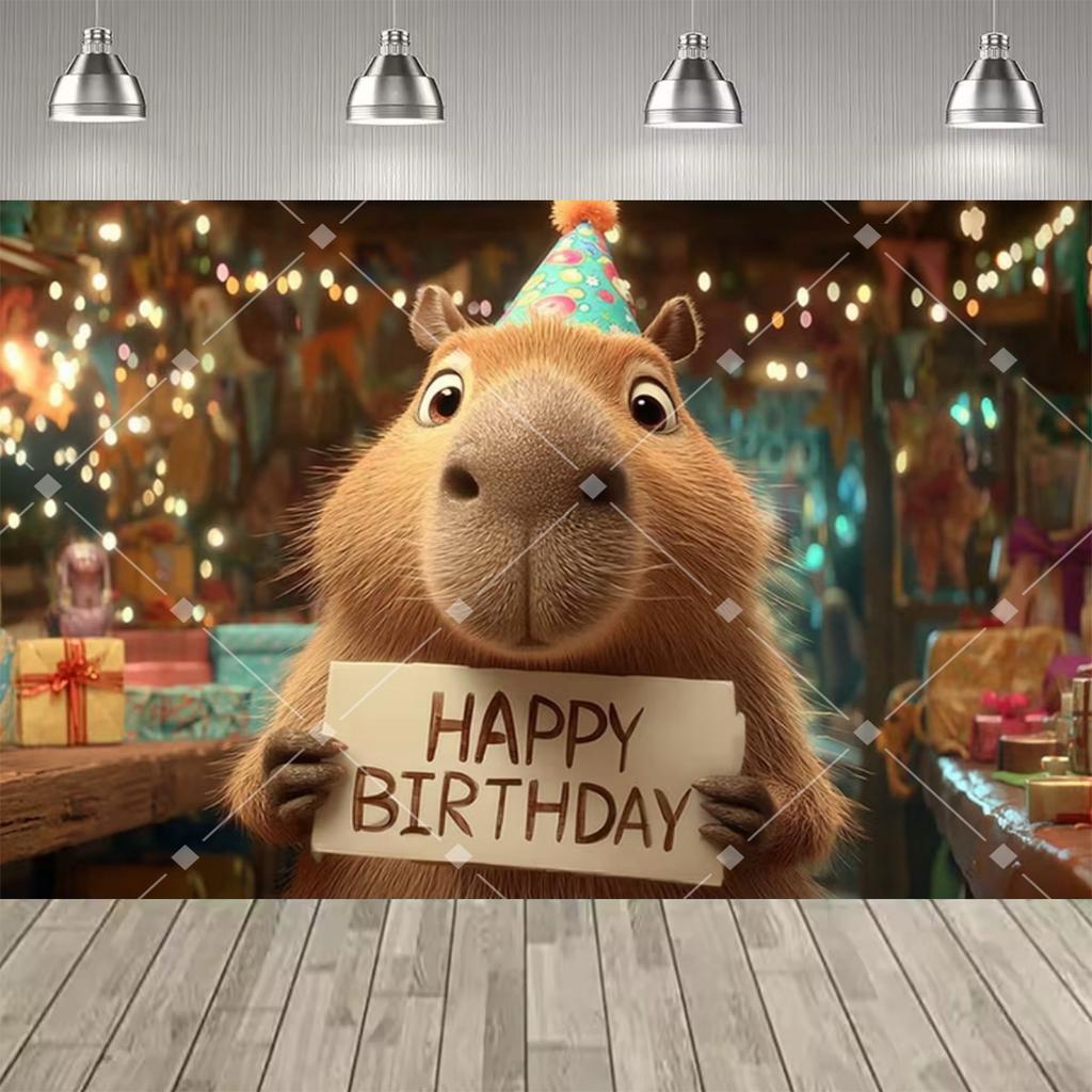 Lindo Fondo Temático de Fiesta de Capibara y Conejo de las Indias, Pancarta con Estampado de Pastel y Globos de Colores para Decoración de Fiesta Infantil