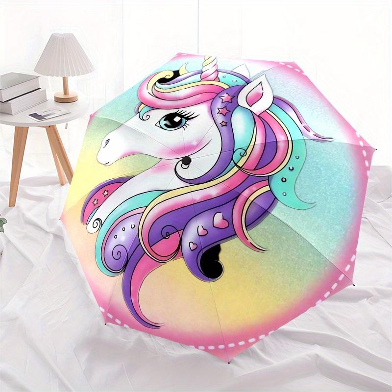 Unicorn Fantasy Themed Automatic Folding Umbrella 8 Ribs Durable Iron Frame, Vibrant Color Design, Compact Travel Umbrella for Beach, Outdo