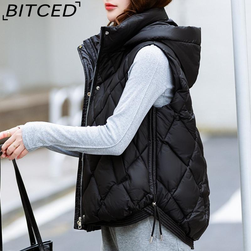 BITCED Women's Autumn/Winter Quilted Down Vest - Elegant Hooded Cotton Jacket, Short-Sleeved Waistcoat, Diamond-Quilted Vest