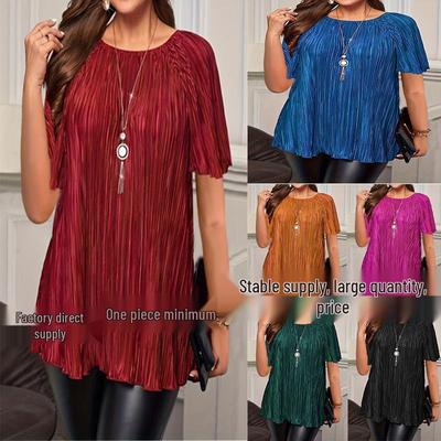 Damska bluzka plus size z plisami, krótkim rękawem, gładka, na wiosnę/lato 2025