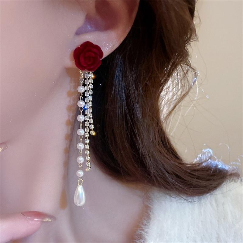 Wine Red Flocking Bow Pearl Tassel Earrings For Women Elegant Trending Luxury Red Rose Flower Long Tassel Earrings Jewelry Gifts