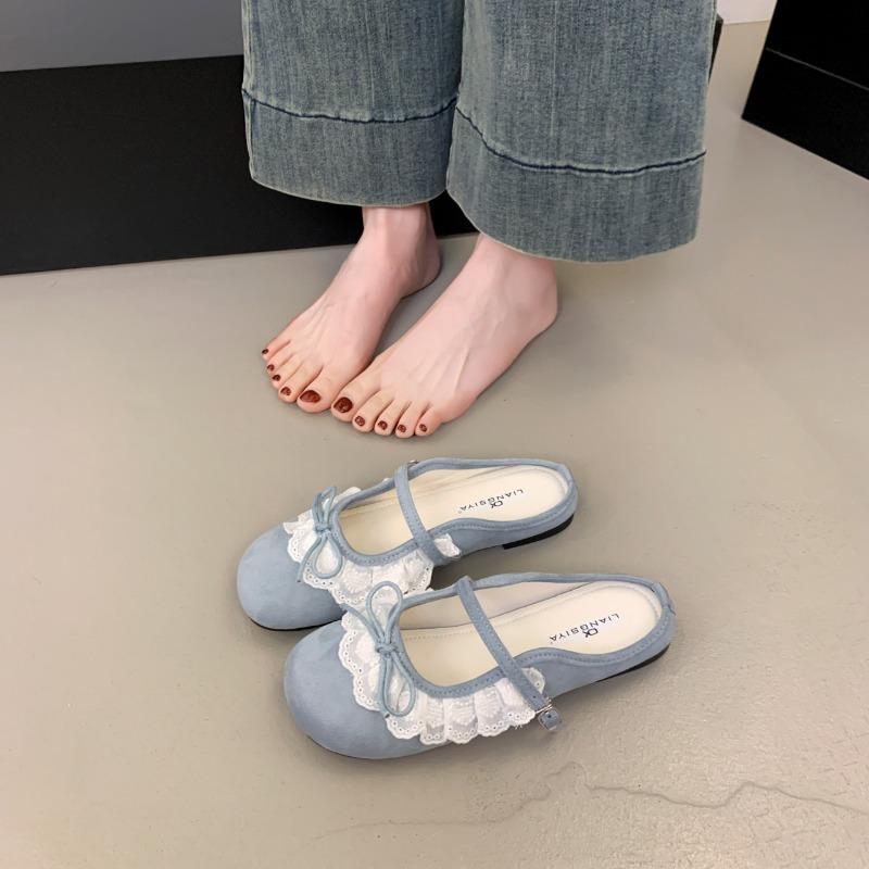 Retro Spitzen Mary Jane Schuhe Damen Frühling und Sommer neu Temperament flacher Ausschnitt halber Slipper mit Rock Tide
