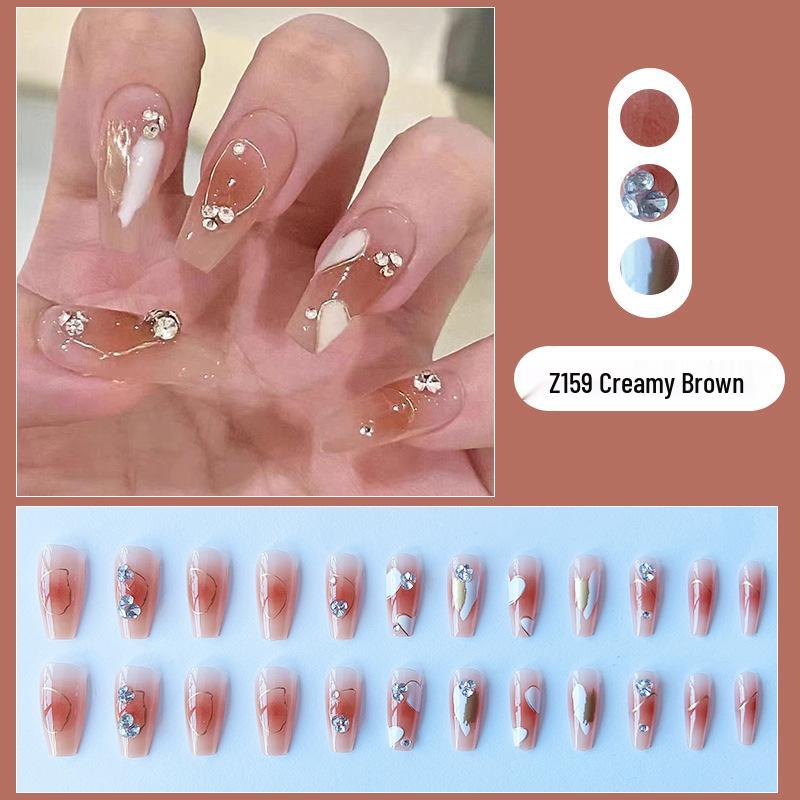 French Press-On Nails, Medium-Long Length, Cream Blush Brown, Removable, Advanced Whitening, Finished Manicure Patches.